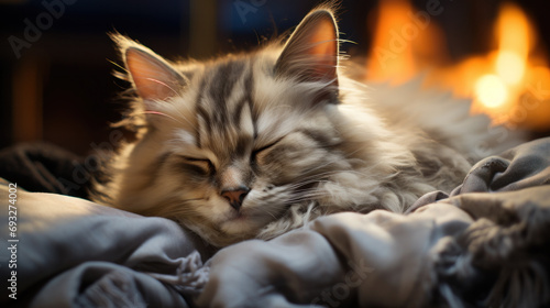 Cute tabby kitten sleep on white soft blanket. Cats rest napping on bed. Comfortable pets sleep at cozy home. Long web banner.