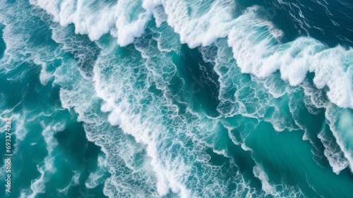 Waves in the sea. Aerial view of ocean waves. Top view from above. Drone photography. Beautiful seascape.
