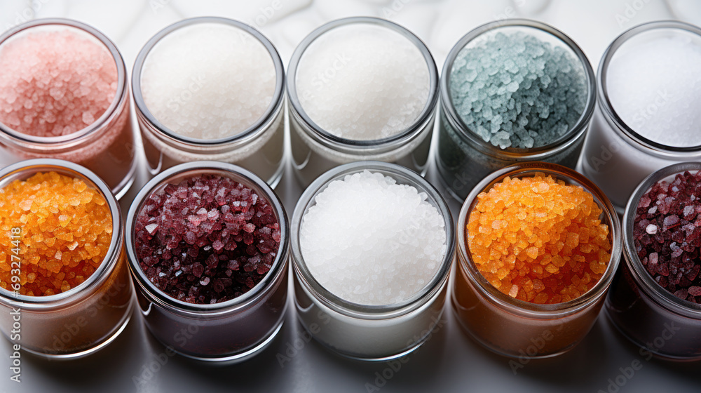 Set of Salt Colorful Cosmetics Bath Relaxation in jar. Set of Salt Colorful Cosmetics Bath Relaxation in jar.
