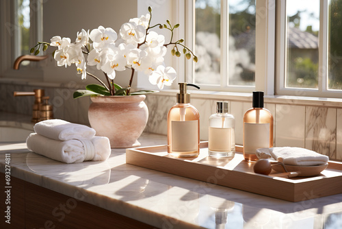 Luxurious bathroom products displayed elegantly with natural light and orchids enhancing the spa-like ambiance. photo