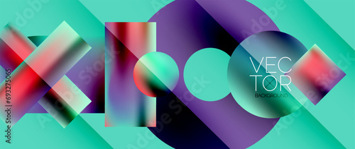 Squares and circles design. Fluid color gradients with metallic effects. Serene synergy of shapes, merging squares and circles into harmonious, captivating design