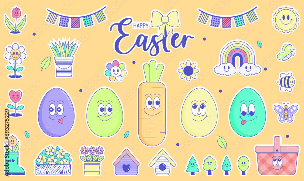 Happy Easter, spring holiday. Retro groovy cartoon character Eggs, Carrot, rabbit ears, elements. Vintage funky mascot patch psychedelic smile emotion. Comic trendy set stickers. Vector illustration Happy Easter, spring holiday. Retro groovy cartoon character Eggs, Carrot, rabbit ears, elements. Vintage funky mascot patch psychedelic smile emotion. Comic trendy set stickers. Vector illustration