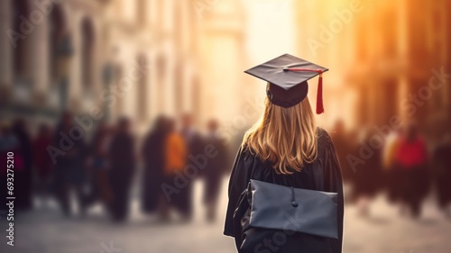 Successful child with graduation cap and backpack full of books, blurred background, copy space - generative ai