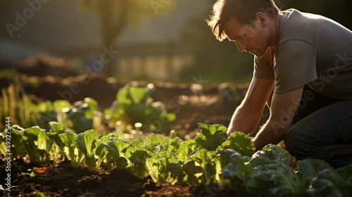 portrait of young man in vegetable garden working outside with land