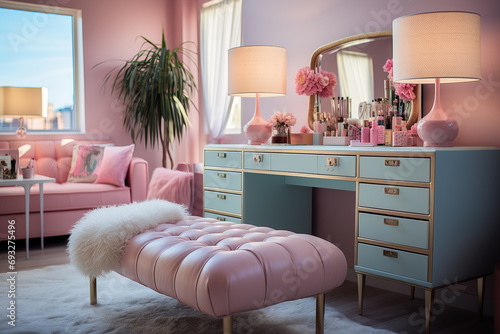Barbie-themed room featuring a vanity table adorned with makeup and jewelry. photo