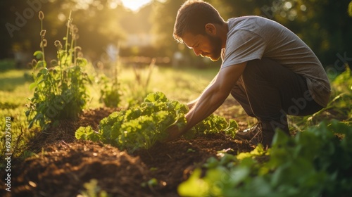 portrait of young man in vegetable garden working outside with land photo