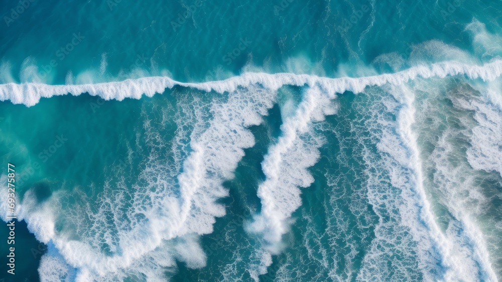 Waves in the sea. Aerial view of ocean waves. Top view from above. Drone photography. Beautiful seascape.