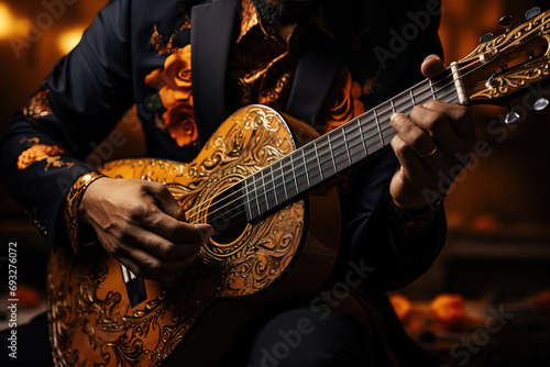 Close-up of a guitar in the hands of a mariachi performer. photo