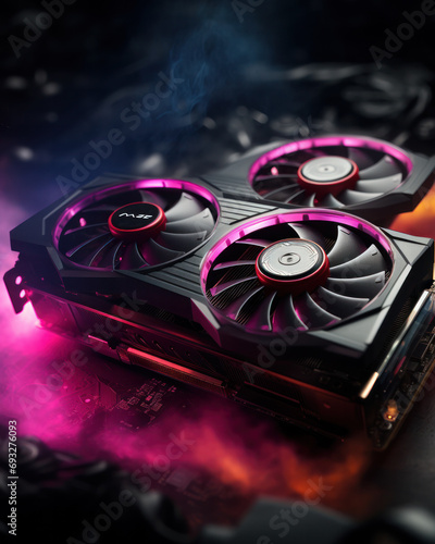 Large and powerful graphics card with big fans with bright neon light. Cyberpunk video concept chip for gaming and cryptocurrency mining. Dark key.