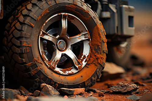 Close-up of a muddy off-road tire, highlighting adventurous and rugged terrain travel.