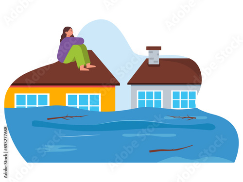 Woman was on the roof because her house was flooding. Survival illustrations.