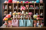 Colorful blooms and pastel tote bags on display with plush toys in the background.