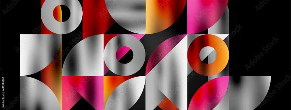 Artistic arrangement of triangles, lines, and circular elements in a mesmerizing geometric mosaic pattern, offering a visually dynamic and captivating composition Artistic arrangement of triangles, lines, and circular elements in a mesmerizing geometric mosaic pattern, offering a visually dynamic and captivating composition