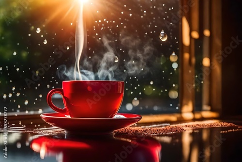 red coffee cup with smoke and sun sign on water drops glass window background