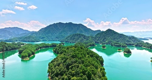 Aerial view of green mountain and clear lake natural landscape in Chun'an, Hangzhou, Zhejiang Province, China. The famous Xin'anjiang Reservoir scenery in Hangzhou.
