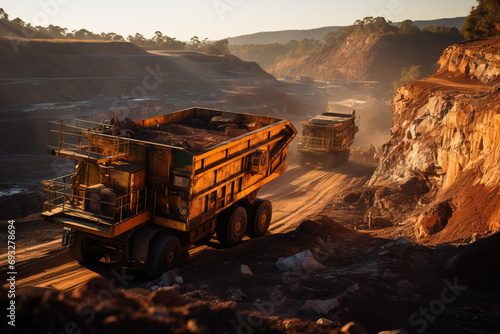 Heavy mining trucks loaded with ore navigate the rugged terrain of an open-pit mine at dusk.