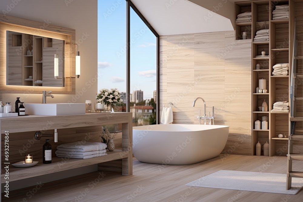Bathroom made of natural materials with a large window to the city. Bathroom made of natural materials with a large window to the city.