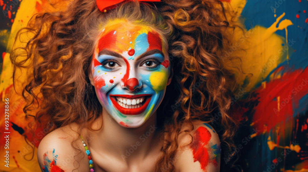 Portrait of funny girl with face painting on blurred background