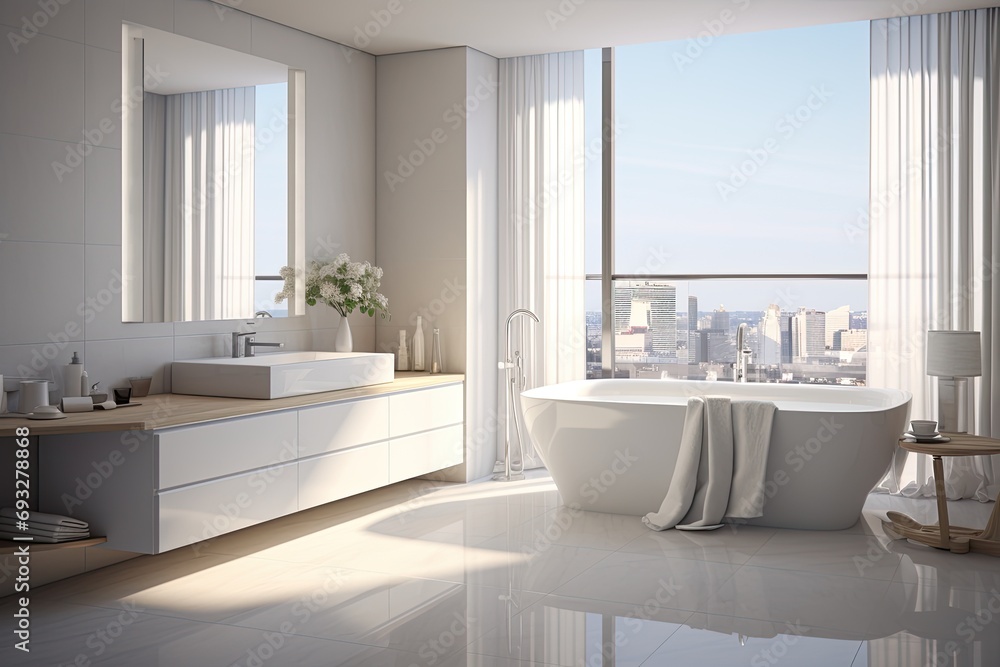 Bathroom with a large window overlooking the city.