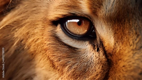 A closeup of a lions powerful and stoic eye, framed by its magnificent whiskers and dark fur. photo