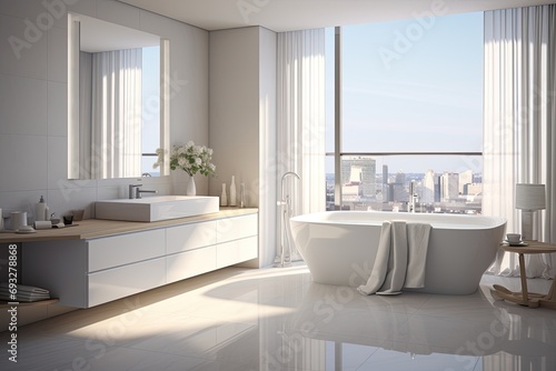 Bathroom with a large window overlooking the city. © kvladimirv