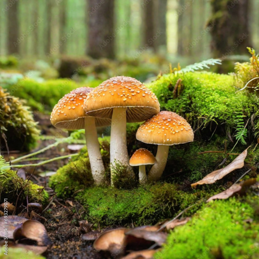 mushrooms growing in the forest on mossy ground with sunlight mushrooms growing in the forest on mossy ground with sunlight