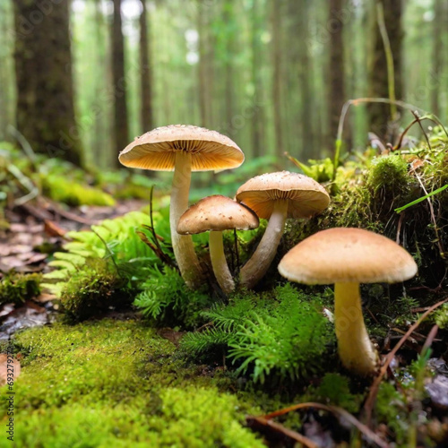 mushrooms growing in the forest on mossy ground with sunlight