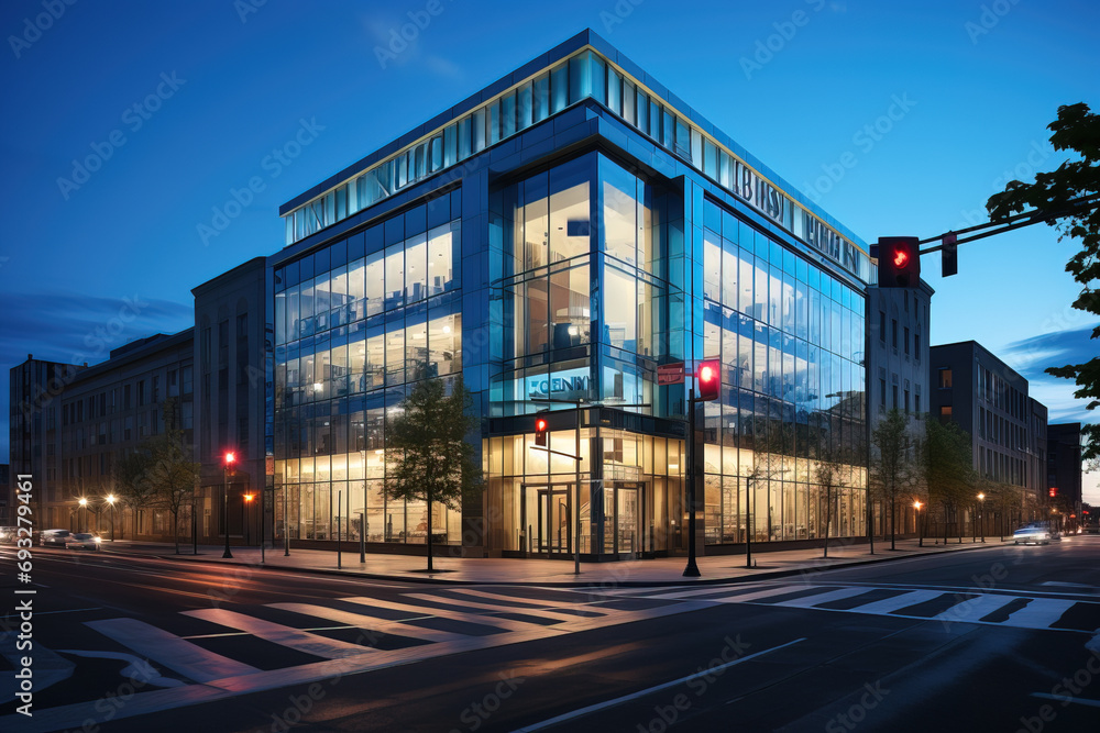 Modern glass building illuminated at dusk on a city corner. Modern glass building illuminated at dusk on a city corner.