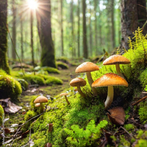 mushrooms growing in the forest on mossy ground with sunlight