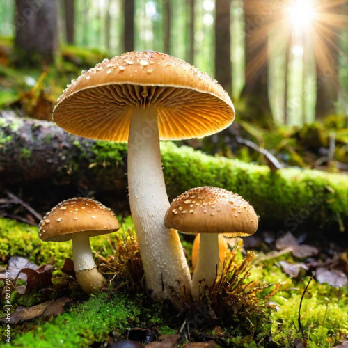 mushrooms growing in the forest on mossy ground with sunlight © Echotime