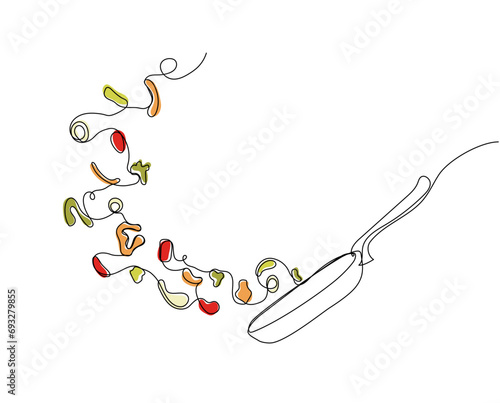 Vegetables in frying pan in continuous one line art style. Food preparation. Cooking process concept. Simple vector illustration