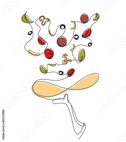 Pizza with flying ingredients in continuous one line art style. Simple vector illustration