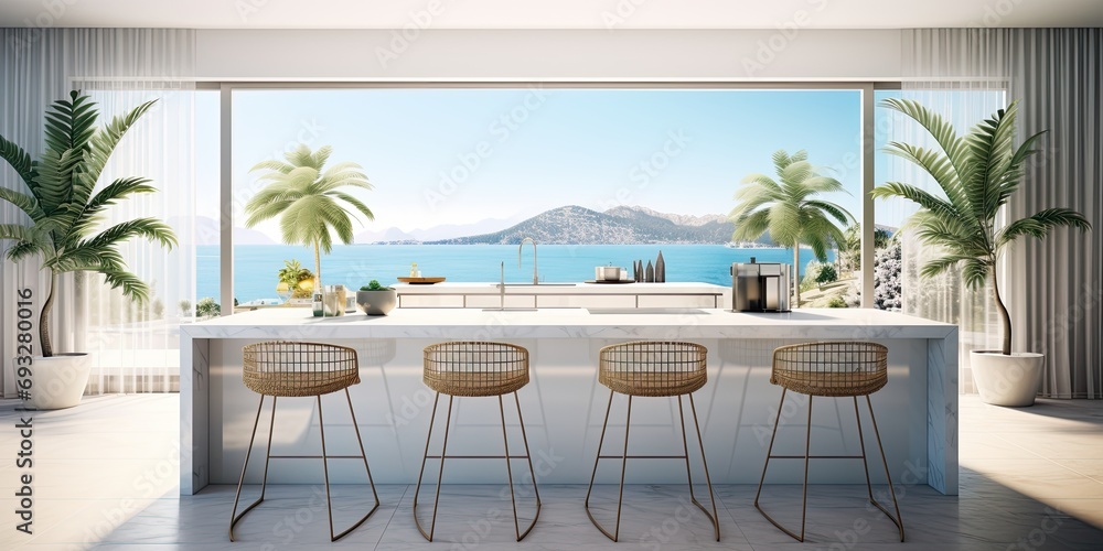 Fototapeta premium a stylish kitchen with a white bar island, chairs, kitchenware, and tropical panoramic window.