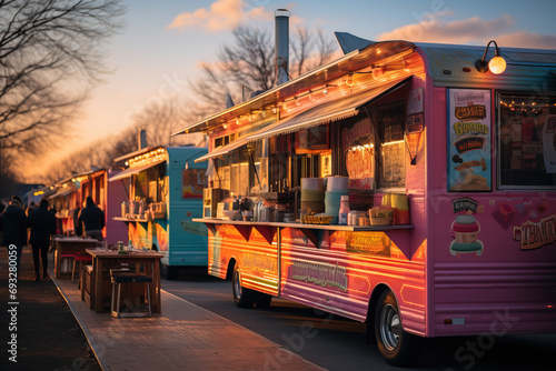Warm sunset glow over food trucks, offering a cozy dining scene at a street fair.