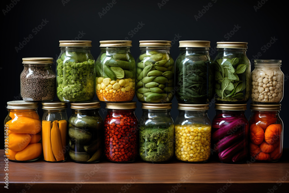 An array of colorful preserved vegetables in glass jars, showcasing a variety of textures and hues. An array of colorful preserved vegetables in glass jars, showcasing a variety of textures and hues.