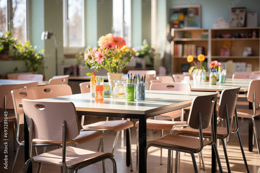 Sunlit meeting space with fresh flowers on the table, creating an inviting and warm atmosphere.