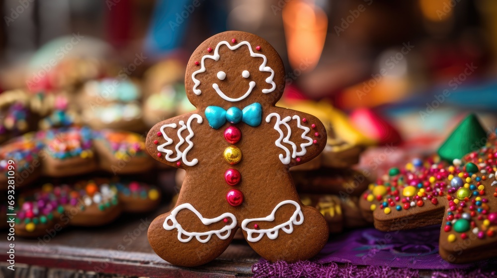 A gingerbread man decorated with colorful icing