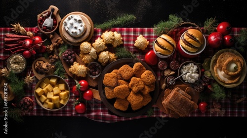 a flat lay composition with different Christmas food items