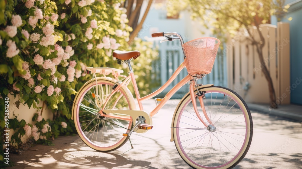 A pastel peach colored bicycle parked outside