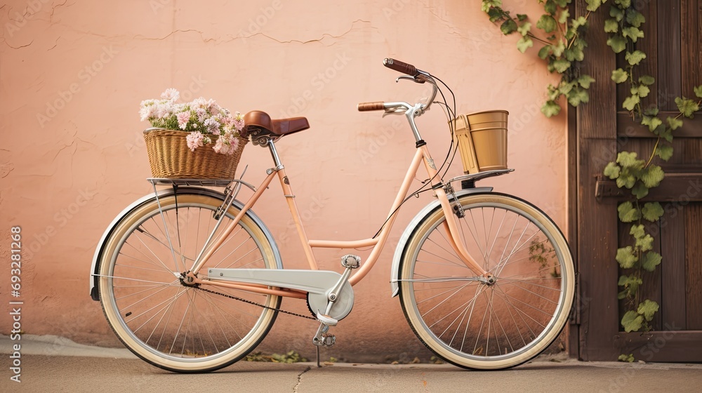 Vintage Charm: A Cream-Colored Bicycle with a Basket of Flowers Against a Light Brown Wall