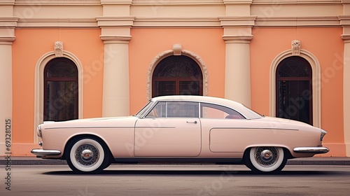 Vintage Car Parked by Peach-Colored Building © DayByDayCanvas