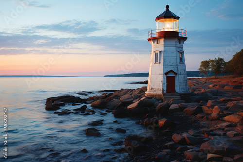 Tranquil sunset with a white lighthouse on a rocky shore, guiding light shining.