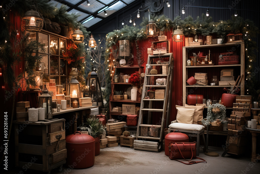 Cozy Christmas market booth with festive decorations and warm lighting.