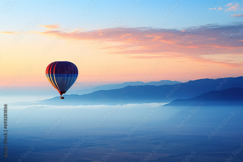 Fototapeta premium Hot air balloon soaring over a sea of clouds at sunrise with mountain silhouettes.