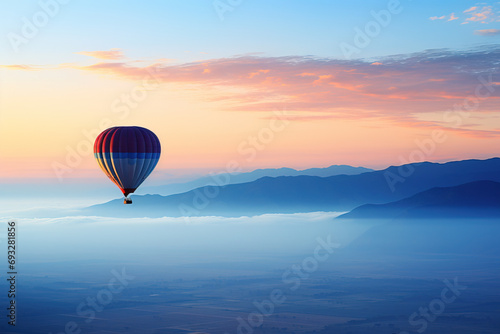 Hot air balloon soaring over a sea of clouds at sunrise with mountain silhouettes. © 22Imagesstudio