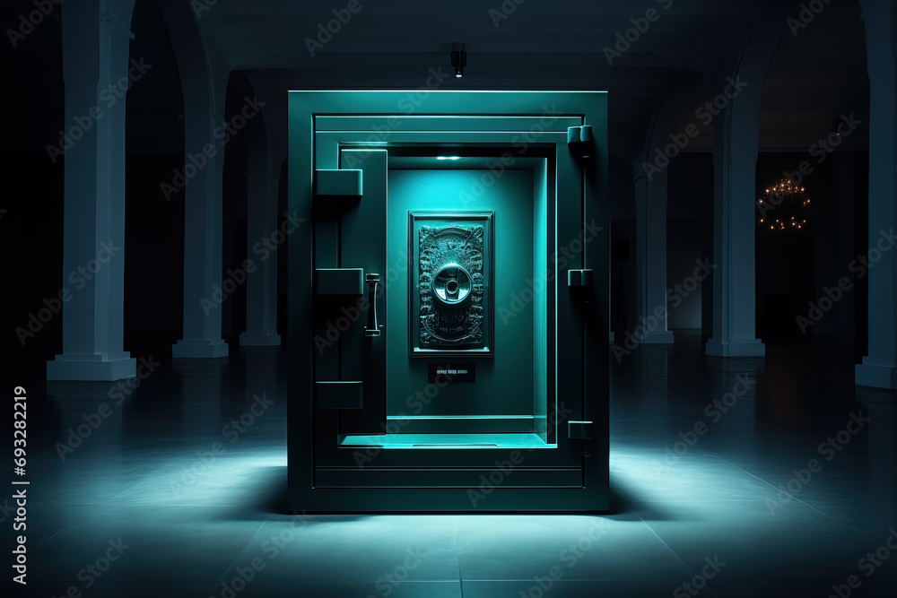 An illuminated high-security vault door in a dark room, symbolizing wealth protection and financial safety. - obrazy, fototapety, plakaty 