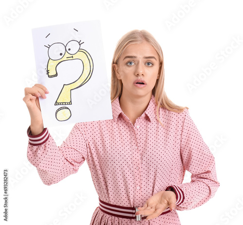 Surprised young woman holdi...