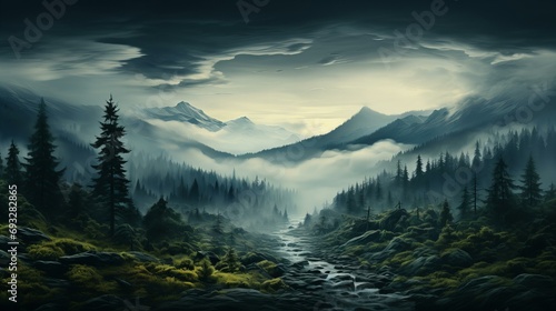 静かな霧のかかる山林の風景