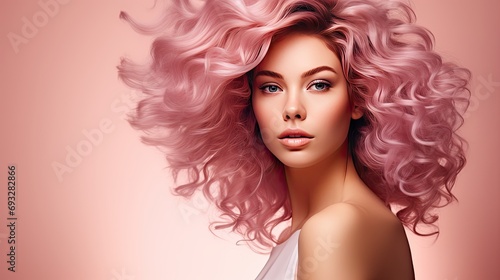 Gorgeous woman with beautiful wavy pink hair on a beige background with copy space