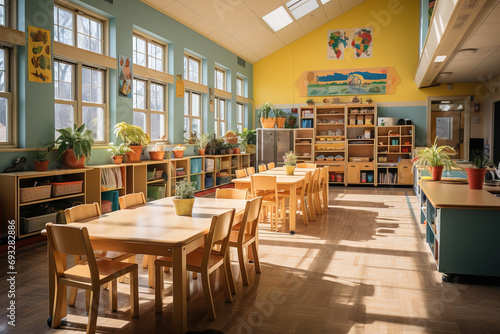Bright, sunny elementary classroom with wooden tables, chairs, plants, and colorful educational materials.